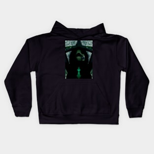 Portrait, digital collage, special processing. Beautiful but dark, like witch, woman. Tale. Green and blue. Kids Hoodie